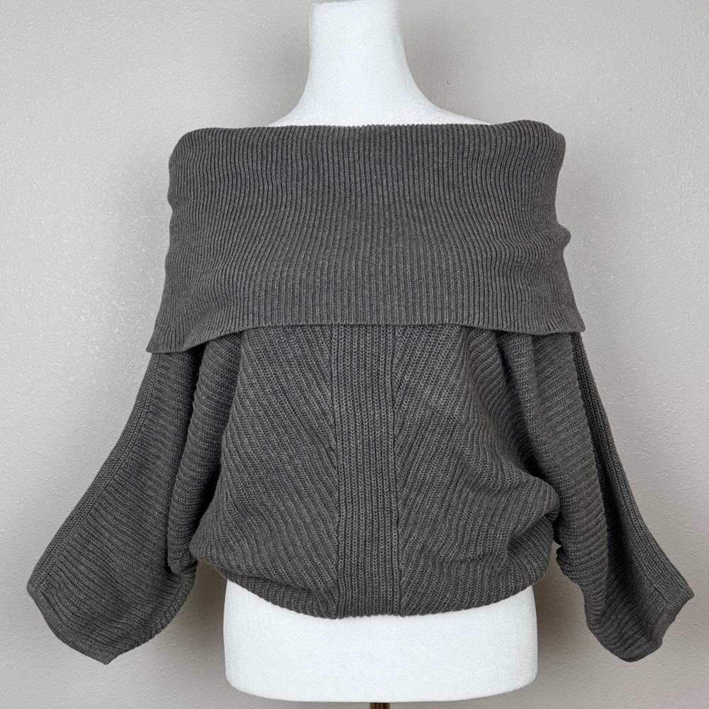 Vivienne Vivienne Tam Slouchy Off-Shoulder Foldover Ribbed Sweater Charcoal Sz S